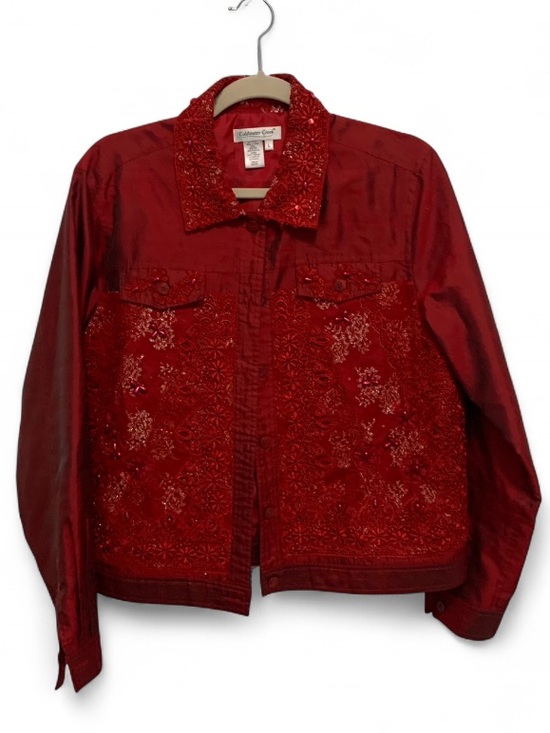 Vintage Jackets & Blazers - Y2K Coldwater Creek Red Artsy Beaded Lace Lightweight Jacket